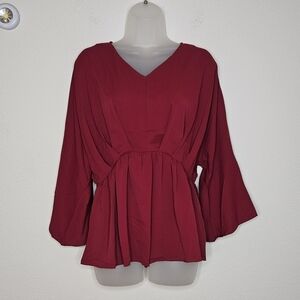 NWT Andre by Unit Burgundy Red V-Neck Flowy Wide Sleeve Peplum Blouse